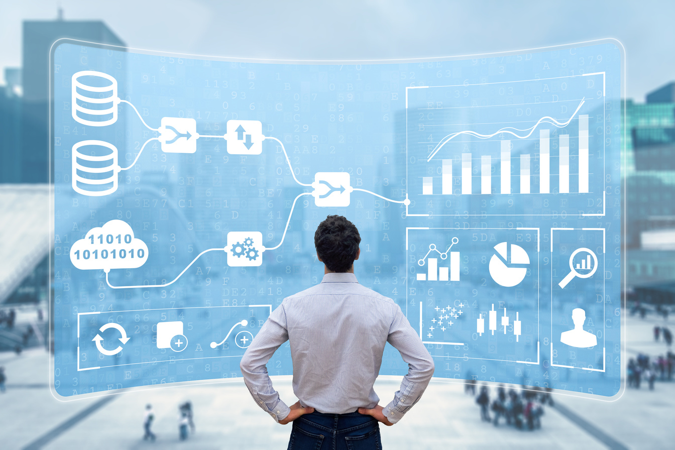 Business Analytics and Data Management System (DMS) giving key insights for corporate strategy. Concept with expert analyst building visualization with KPI and metrics from database information